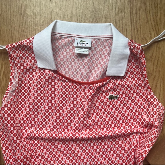 Lacoste Sleeveless orange/white Geometric print pique collared top - Picture 2 of 4